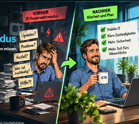 Comicdarstellung: Herr Berger gestresst und anschließend entspannt bei planbarer IT