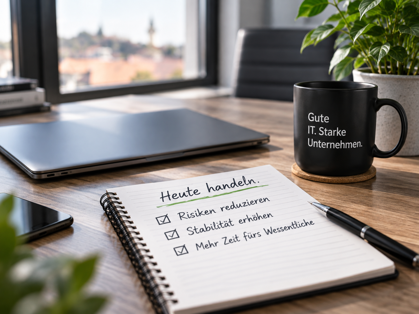 Schreibtisch mit Laptop, Notizbuch mit Checkliste und Tasse mit der Aufschrift Gute IT. Starke Unternehmen.
